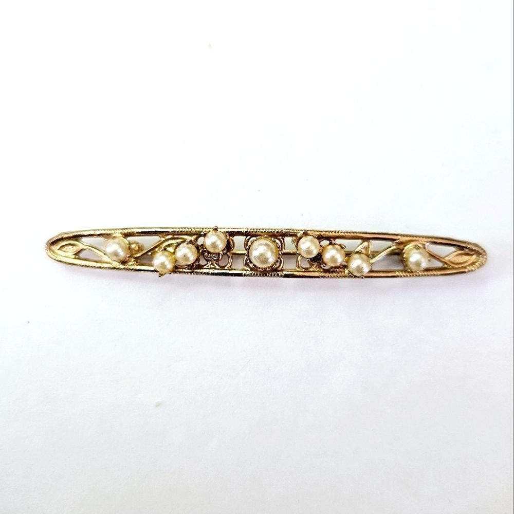 Vintage Art Nouveau Era Openwork Gold Tone Faux Seed Pearl Bar Brooch Lapel Pin